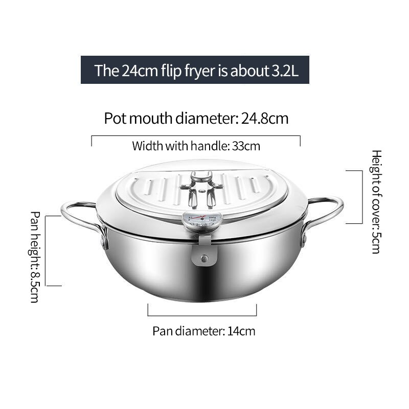 Deep Frying Pan Japanese Tempura Deep Fryer Stainless Steel Frying Pot with Lid &Thermometer Kitchen Non-stick Coating Fryer Pan: 24cm