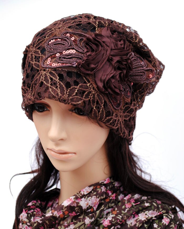 Bonnet femme Pilecap femme printemps et automne dentelle mince poche découpe maille chapeau mois de cap embout turban chapeau couvrant: Marron