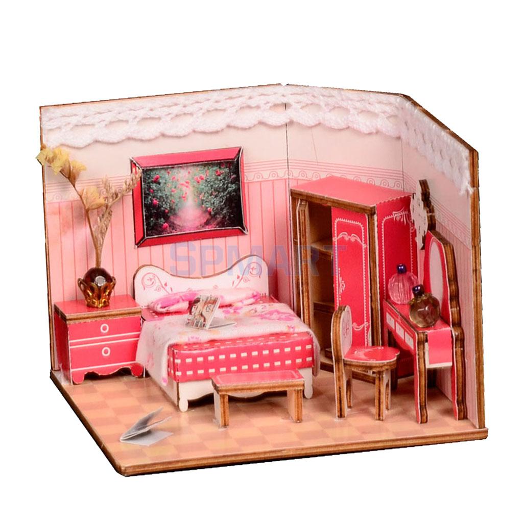 1:24 Diy Poppenhuis Houten Poppenhuis Miniatuur Meubels Kit Speelgoed Verjaardag Kerstcadeaus-Moderne Roze Slaapkamer Leven Scène Model