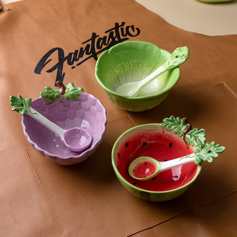 Bol à salade en céramique, européen dessin animé de fruits, bol à nouilles instantanées à la fraise, vaisselle de cuisine 350ML