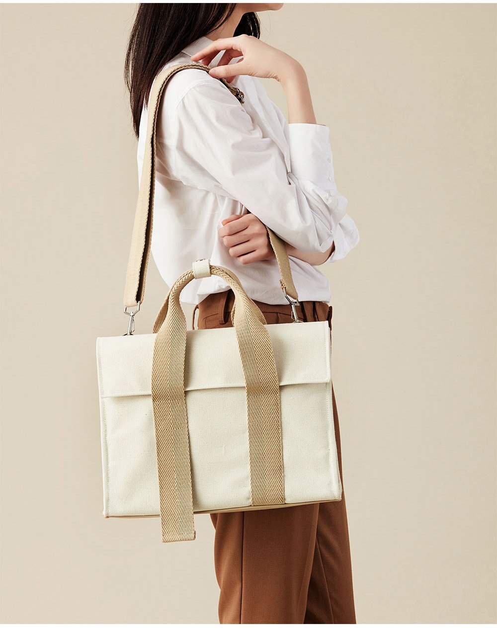Lerret dame skulderveske dame håndveske stor kapasitet stor tote bag hvit: Beige
