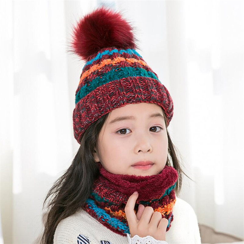 Conjunto de gorro y bufanda de punto para niño y niña, gorro cálido de felpa y anillo, bufanda de colores mezclados, gorro con pompón grande para niño, bufandas de invierno