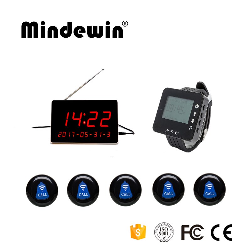 Mindewin Restaurant Wireless Call System M-K-1 Waiter Call Button,LED Display Receiver And Call Waiter Wrist Watch