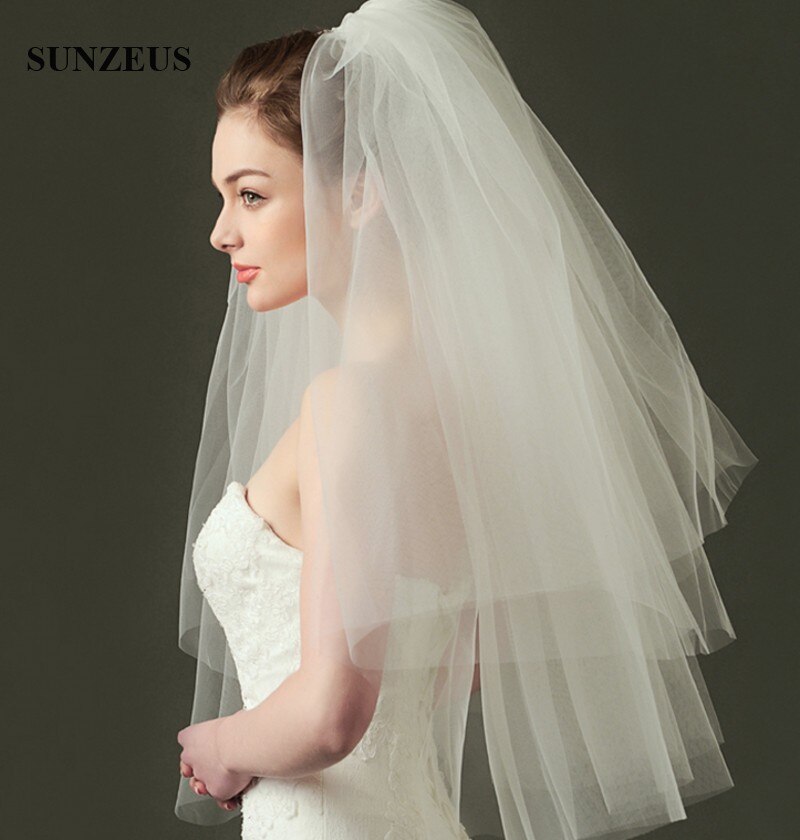 Witte ivoren bruidssluiers, eenvoudige tweelaagse tule bruidssluiers, gesneden rand, ellebooglengte sluier bv -075