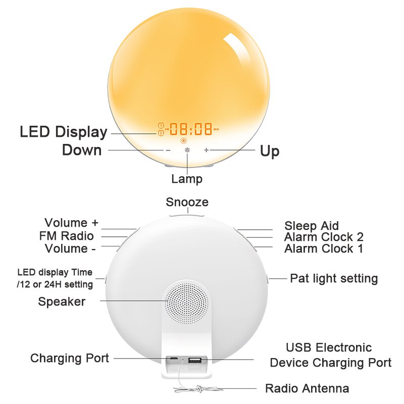 Réveil intelligent avec alarme WiFi, avec lumière de jour, 7 couleurs, pour le lever/coucher du soleil, fonctionne avec Alexa et Google