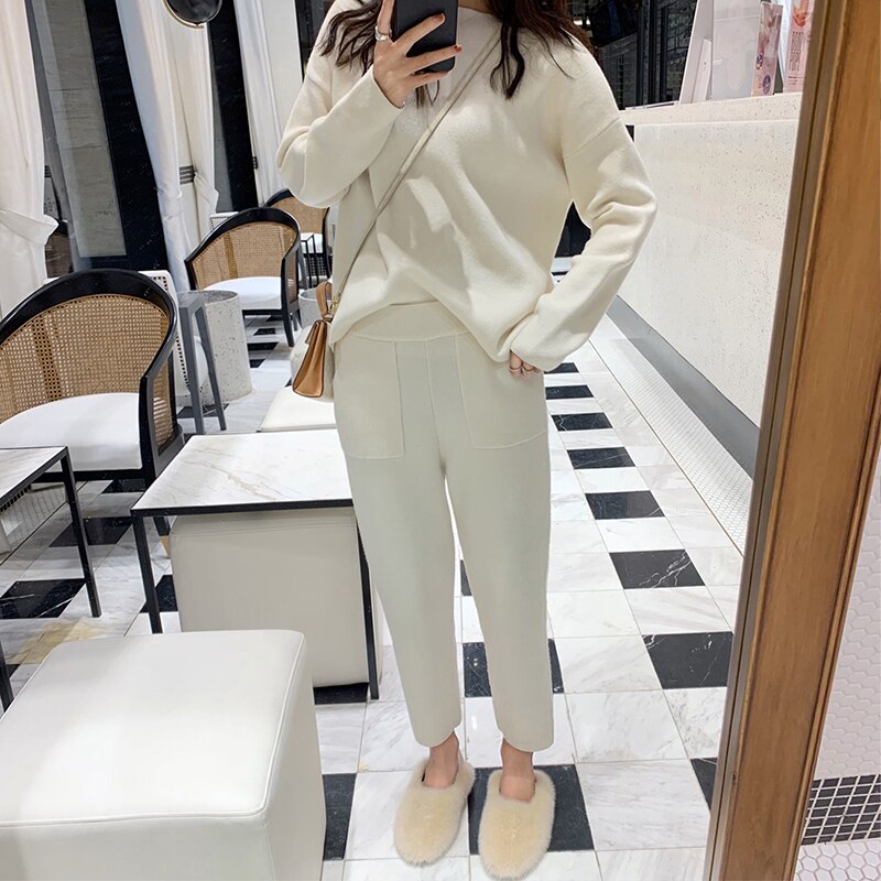 Women Cashmere Sweater Two Piece knitted Sets Slim Tracksuit Spring Autumn Sweatshirts Sporting Suit Female