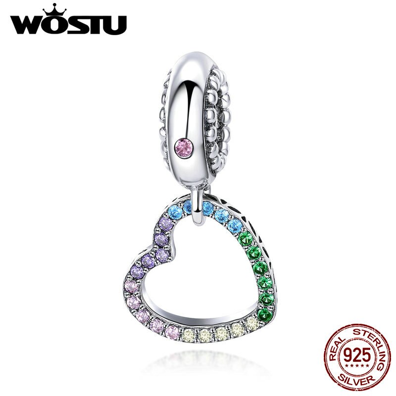 WOSTU-Colgante dijes de plata de ley auténtica con forma de corazón colgante dijes de arcoíris aptos para DIY, cuentas, pulsera, collar, joyería, para enamorados, FIC896