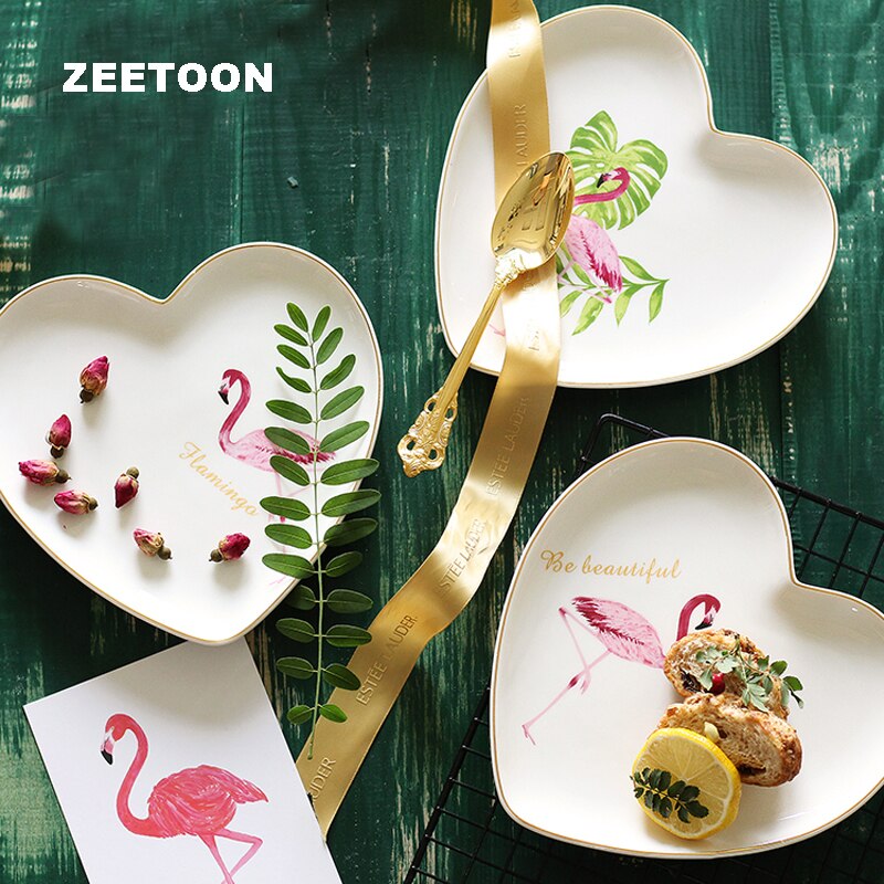 Ins Flamingo Plate Ceramic Porcelain Heart-shaped Pastry Dish Spaghetti Plates Fruit Saucer Home Tableware Dinnerware