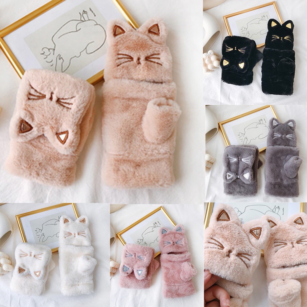 Winter Gloves For Girls Women Lovely Cat Embroidery Thickening Clamshell Plush Gloves Soft Keep Warm Gloves