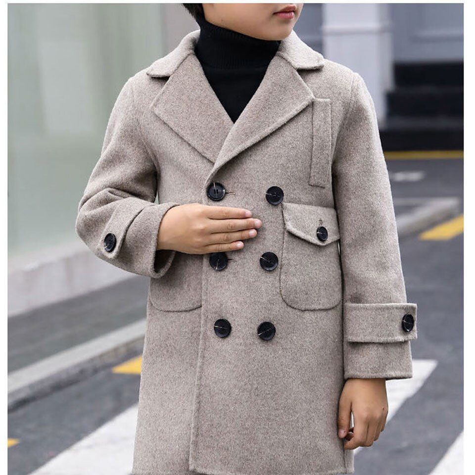 Herfst Winter Jongens Wollen Jassen Kinderen Double Breasted Jasje Turn-Down Kraag Plus Katoen Warme Dikke Kids Jongens bovenkleding