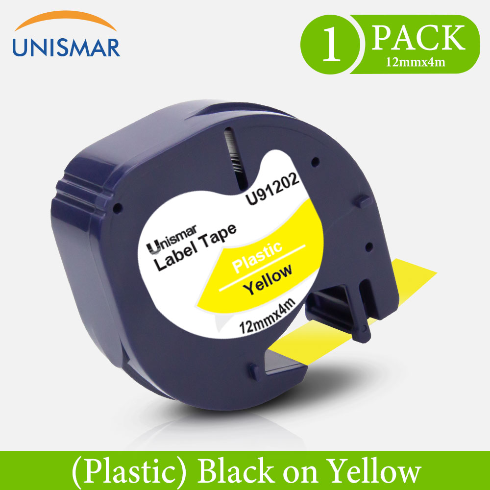 Unismar 1/2 "preto em fita de etiqueta de plástico transparente 12267 16951 16952 compatível para dymo lt etiqueta maker LT-100H plus LT-110T QX-50: Black on Yellow