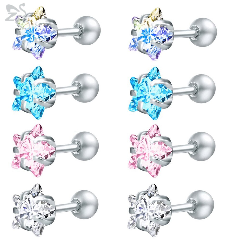 Zs 4 Pairs 3-8Mm Glanzende Zirconia Stud Oorbel Set 316L Rvs Oorstekers Oor Tragus helix Schelp Kraakbeen Piercings: Star / 6mm