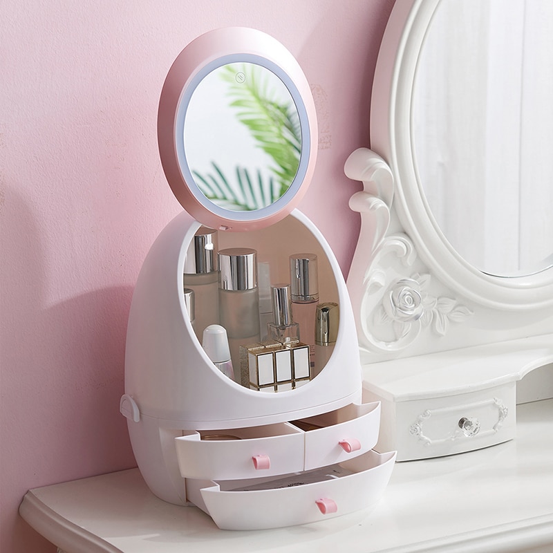 2 IN 1 USB Touch Screen LED Makeup Mirrors Storage Box Skin Care Products Organizer for Makeup with Mirror LED Lights P9