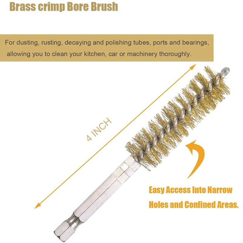 Bore Brush Set-1/4Inch Hex Shank Twisted Wire Bore Brushes With Different Bristle Lengths For Tubes Ports Bearings Cleaning