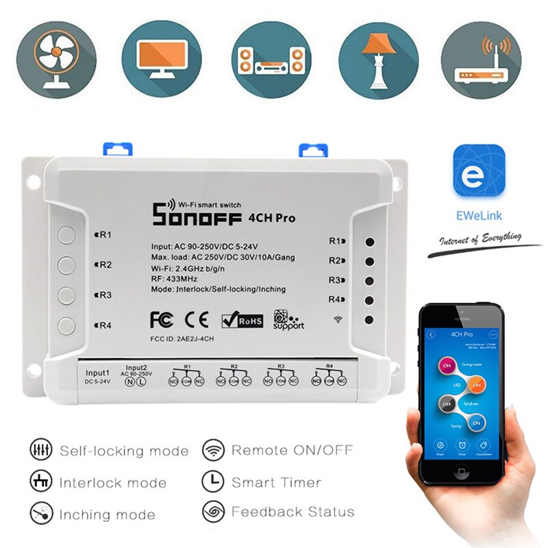Sonoff 4CH Pro R3 Wireless Switch RF 433MHz RF WiFi Smart Home WiFi Light Switch4 Gang 3 Working Modes Inching Interlock Alexa