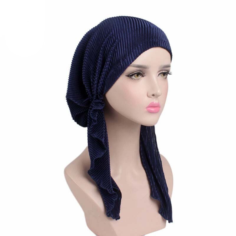 Moslims vrouwen ruches tulband hoed hoofddoek kanker chemo mutsen chemotherapie petten bandana hoofddeksels hoofddoek haaruitval bedekking: Marineblauw