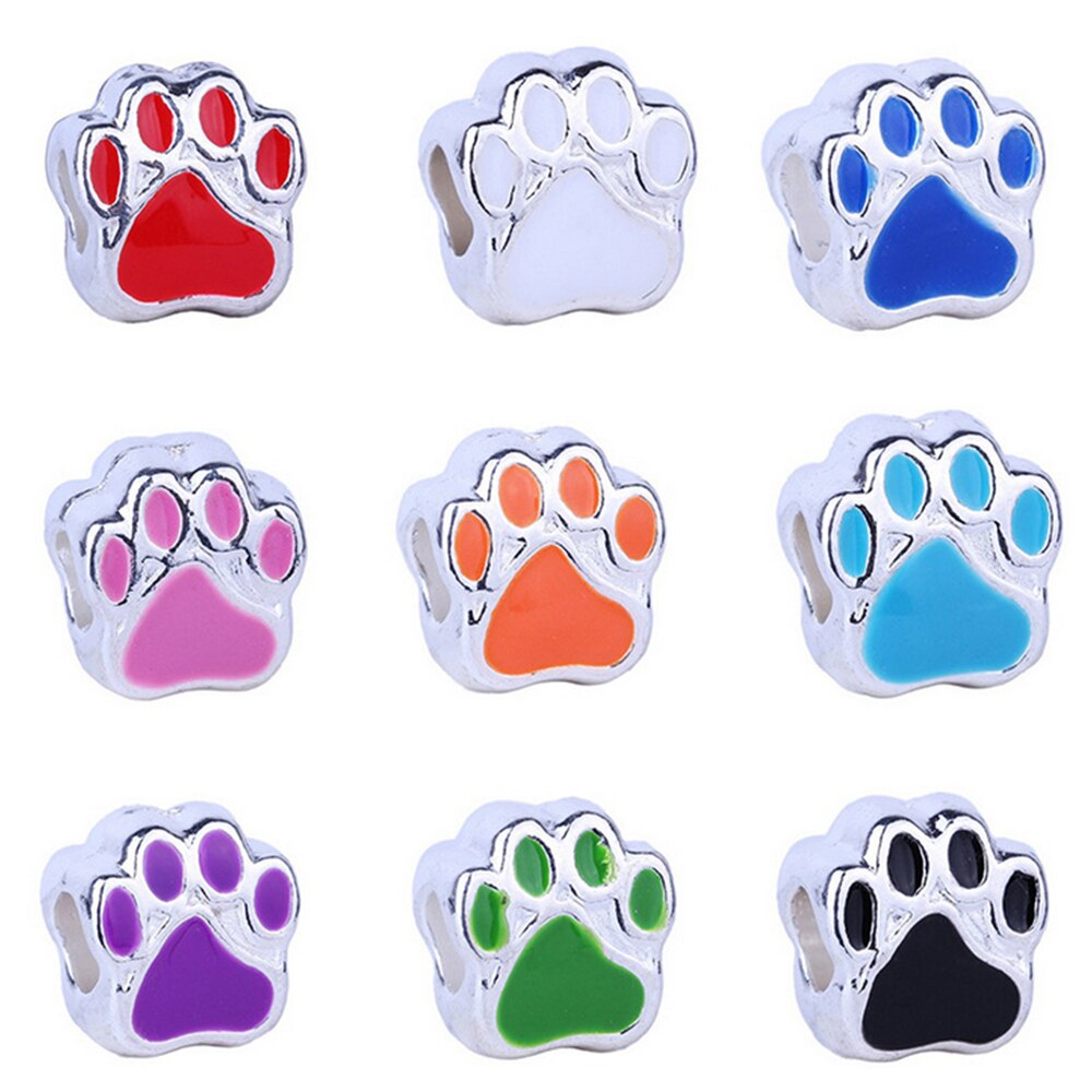 50Pcs Colorful Enamel Pet Dog Puppy Paw Print Footprint Big Hole Metal Bead Animal Pendant Charm Necklace Bracelet