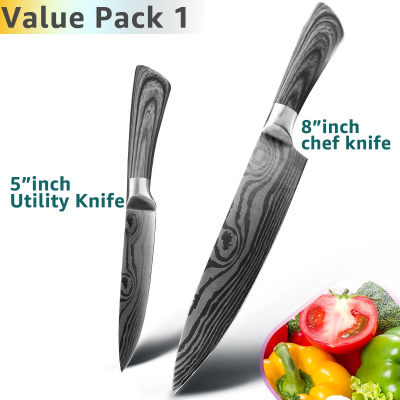 Køkkenkniv 5 7 8 tommer rustfrit stål kokkeknive imiteret damaskus mønster værktøj spaltning kød santoku vegetabilsk skarpt værktøj: Værdipakke 1