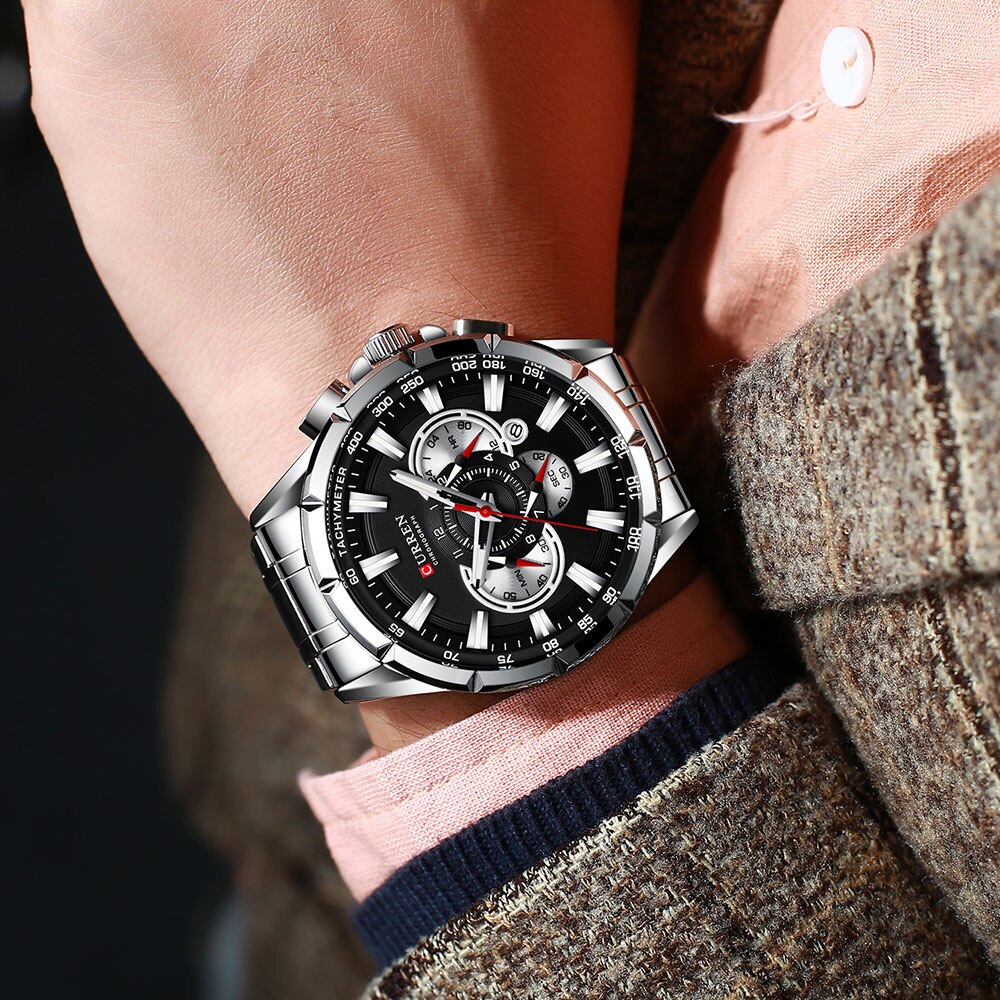 CURREN Casual Sport Chronograaf Heren Horloges Roestvrij Stalen Band Horloge Grote Wijzerplaat Quartz Klok met Lichtgevende Pointers