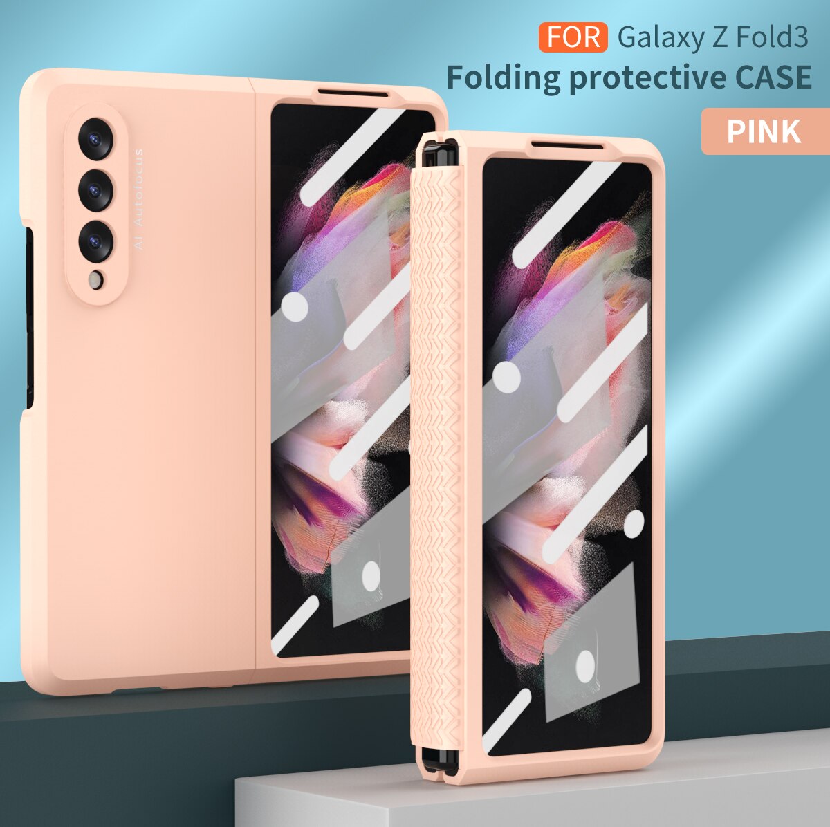 Para samsung galaxy z dobrar 3 dobradiça caso com filme de vidro frontal para galaxy z dobrar 3 5g tpu dobradiça caso completo telefone protetor funda: Rosa