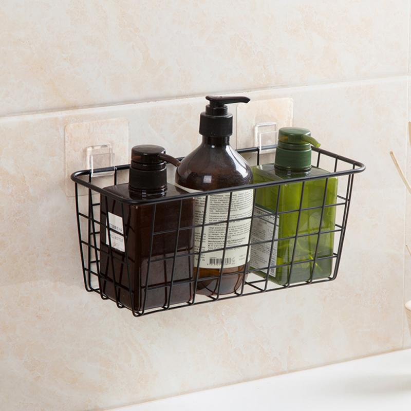 Metal Shelf Organizer Wall Mounted Iron Mesh Basket Rack Sundries Storage Holders Net Box Seamless Paste Hanging Bathroom Cocina