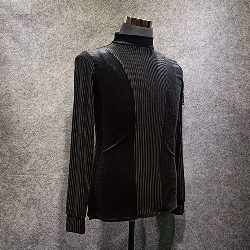 Camisas de baile latino para hombre, de terciopelo negro, mangas largas, ropa de rendimiento para competición, Rumba Cha Samba Tango, ropa masculina DN4826