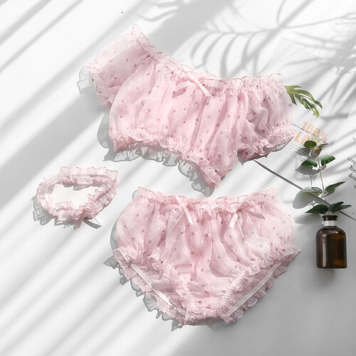 Pastal jente stil sexy undertøy undertøy gjennomsiktig blomster søt chiffon vakker tube topp bh truse ben ring 3 stk sett: Rosa
