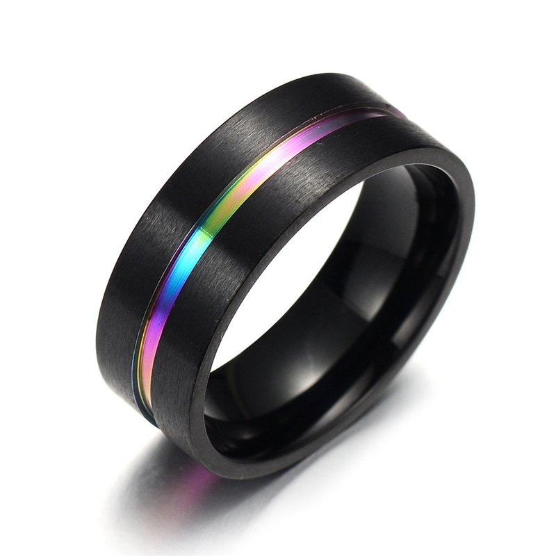 Schwarz Titan Edelstahl Einfache Ring Hochzeit Band 8mm Bunte Regenbogen Paar Ring