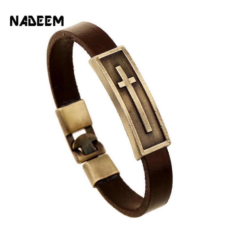 NADEEM Cross Charm Brown Leather Bracelet Men Male Vintage Punk Cross Charm Cuff Bracelet Bangle Jewelry Pulse