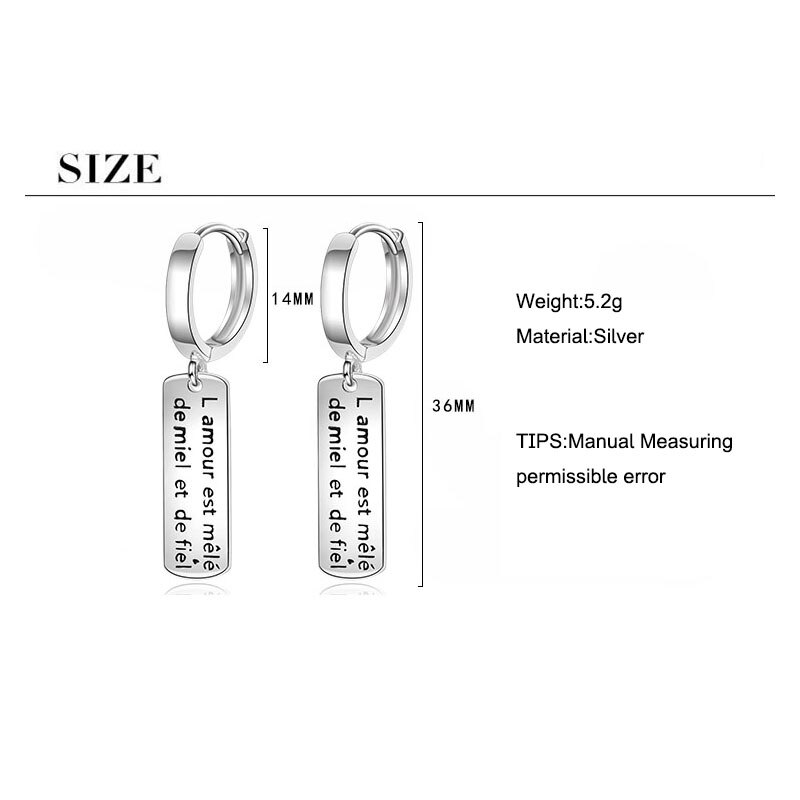 ANENJERY Simple Rectangle English Letter Long Hoop Earrings For Women Silver Color Earring Jewelry S-E1076