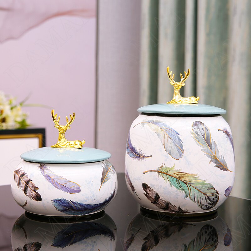 Gouden Elanden Keramische Opslag Potten Met Deksel Bloemen Decoratie Sieraden Cosmetische Organizer Jar Kaptafel Organisatie Tanks