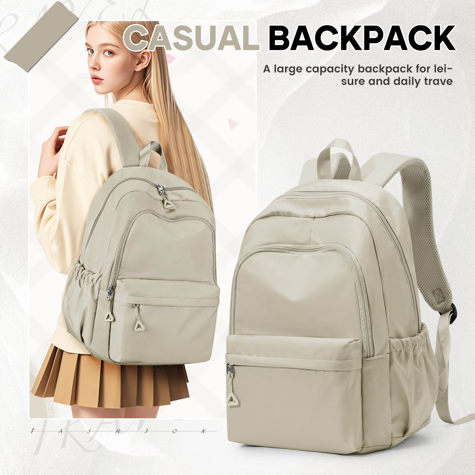 Schulrucksäcke für Teenager, Handgepäck-Rucksack, Kinderrucksack für Jungen und Mädchen, lässiger Reiserucksack, Wochenendtaschen für Damen: Beige