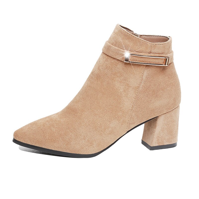 Winter Schoenen Vrouwen Hoge Hakken Laarzen Mode Vrouwen Enkellaarsjes Vrouw Party Schoenen Vierkante Hak 6Cm Zwart Roze a1923: Beige / 8
