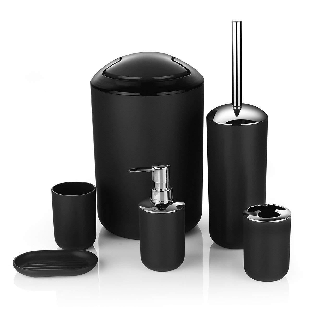 Ensemble d&#39;accessoires de salle de bain en plastique, brosse de toilette, porte-savon, distributeur de dentifrice, couvercle pivotant, poubelle lavable, 6 pièces: black