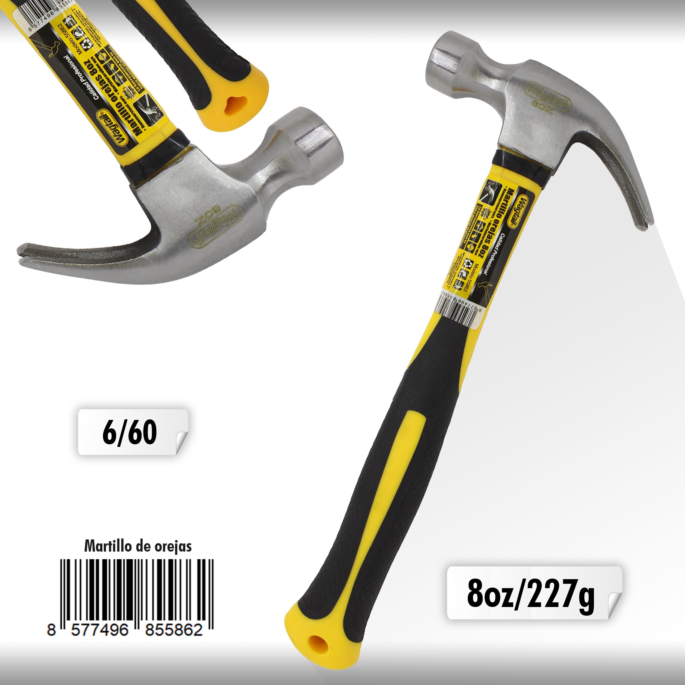 Wagtail Martillo de carpintero, martillo de orejas con mango de fibra de vidrio, martillo de clavos, martillo de garra, herramientas taller mecanico, herramientas de mano, herramientas carpinteria: 227g (8oz)