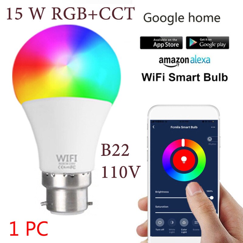 Smart Wifi Led Lamp E27/B22 Rgb Kleur Dimbare Gloeilamp 15W Werknemer App Controle Alexa/Google Geen Hub Nodig: 110V B22