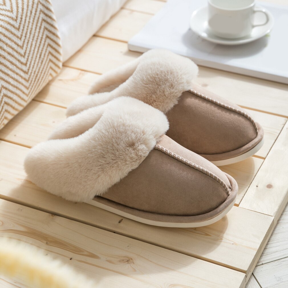 Nouvelles femmes fourrure maison pantoufles daim plat coton chaussures homme en peluche pantoufles Couple chambre diapositives fourrure intérieur chaussures: Khaki / 10