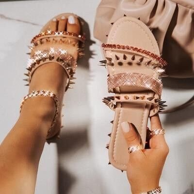 verzierte Flache Sandalen Sommer Frauen Hausschuhe Strand Schuhe Einzelnen Metall Dekoration Außerhalb Open Tee: Beige / 36