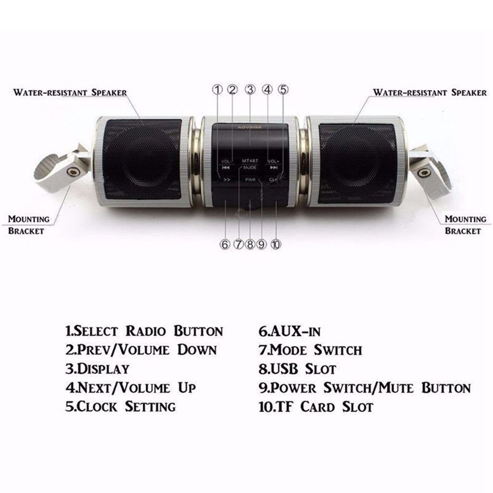 Motorcycle Bluetooth Music Player MP3 Motorcycle Stereo Speaker FM Radio Adjustable LED Screen Waterproof