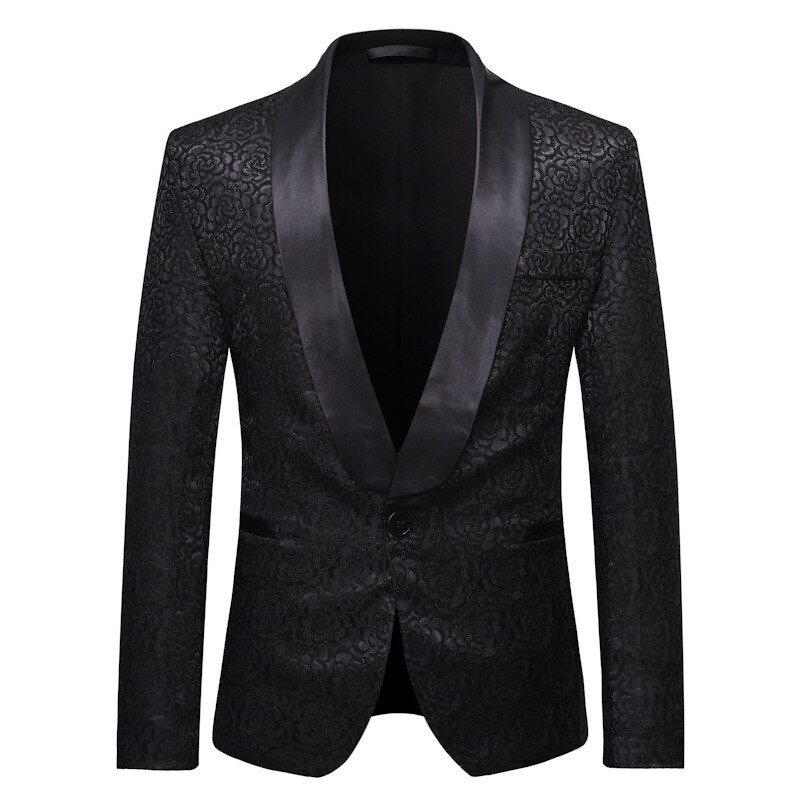 Weiße Rose Jacquard Blazer Männer Schal Kragen eins Taste Blazer Jacke Herren Hochzeit Party Bühne Bankett Kleid Blazer Kostüm Homme: Schwarz / L