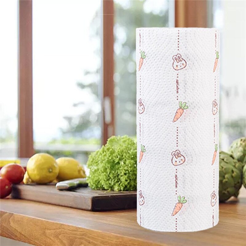 60 Sheets Roll Printed Disposable Kitchen Dishwashing Paper Oil Absorbing Paper Cooking Towel Washable Roll Paper Wipes
