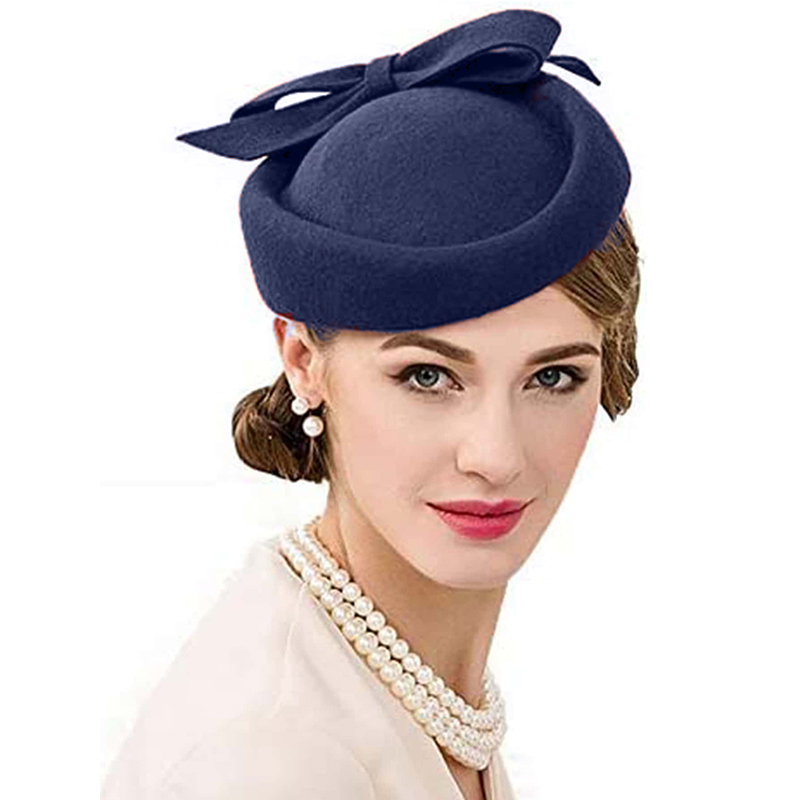 Dame kirke fascinators hatte sort vintage uld bryllup pilleæske teselskabshat fedora filt fedora rød til damer derbyhat: Dyb blå