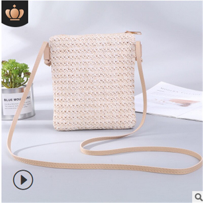 Damväska halm sommar strandväskor för dam härlig messenger axel crossbody väska liten fyrkantig handväska: Beige