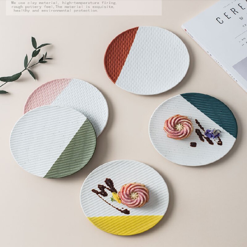 Platos de postre coloridos, platos de pastel, ensaladas, platos planos pequeños, postres de piedra, platos redondos de fruta, platos de desayuno