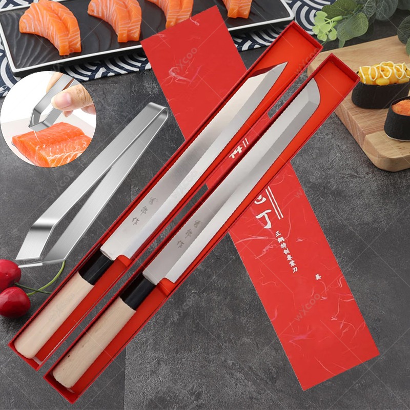 Faca de chef japonesa profissional, faca de sashimi de salmão, lâmina espessada, facas de cozinha de aço inoxidável, clipe de espinha de peixe