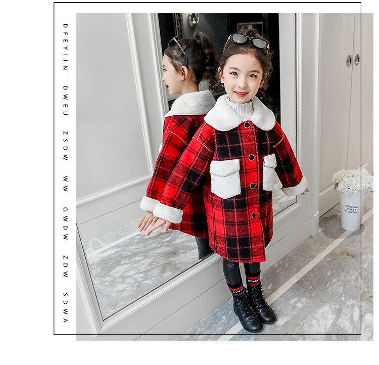 FOCUSNORM Bambino di Inverno Delle Ragazze Cappotto di Lana Plaid Rosso di Stampa A Maniche Lunghe Singola Tasca Petto di Spessore del Cappotto Abiti