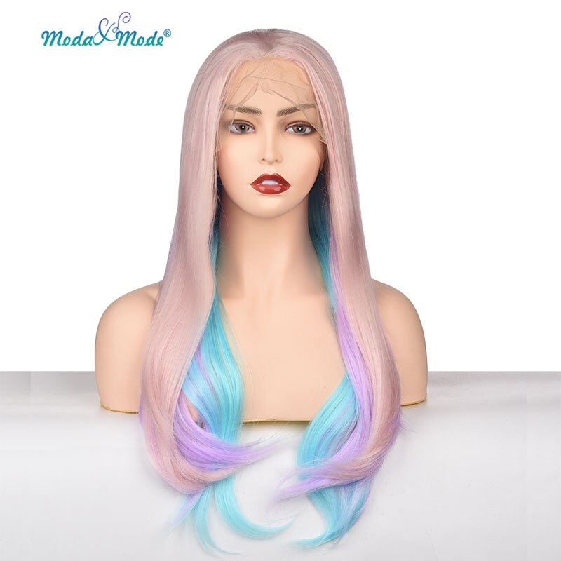 Moda & Modus hair26 "Gemengde Roze Blauw en Paars Lange Zijde Rechte Pruik Natuurlijke Haarlijn Dagelijks en Cosplay synthetische lace pruik