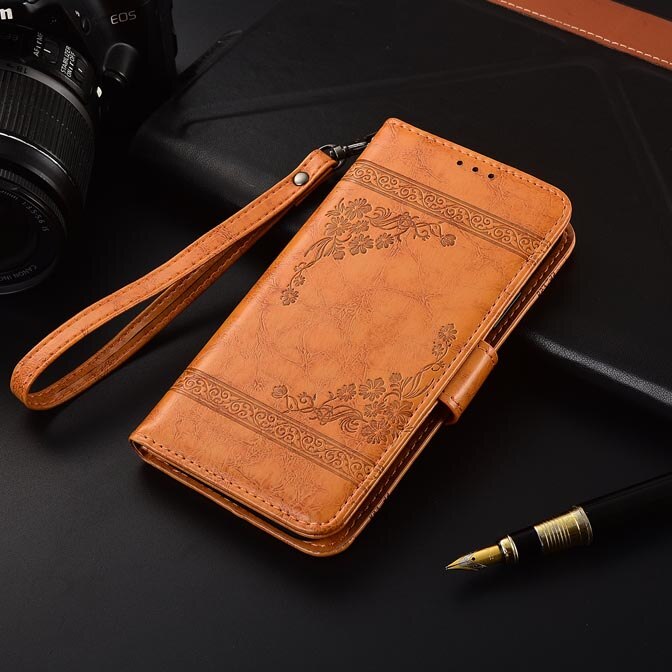 Newest Wallet case for Leagoo Elite 5 Flip case with Strap100% special PU leather embossing flower cover case: Yellowbrown YL