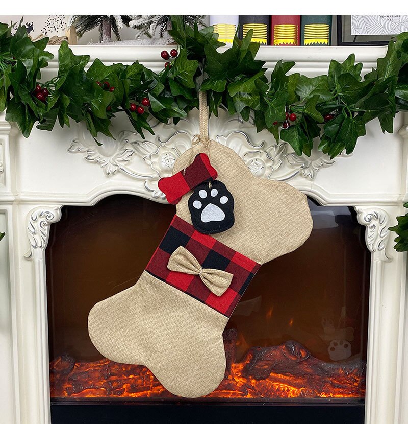 Kerst Kousen Bag Jute Plaid Bone Vormige C Opknoping Xmas Sokken Snoepzak Feestartikelen J2Y: linen