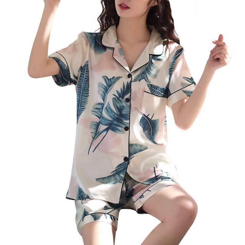 Women Summer Comfortable Lapel Button Short Sleeve Shorts Pajamas Suit Two Piece Home Suit: B / XXL